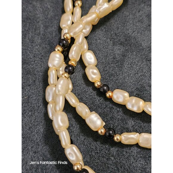 Opera Length Faux Freshwater Pearl Necklace With Black & Gold Accents 32" - Picture 4 of 9